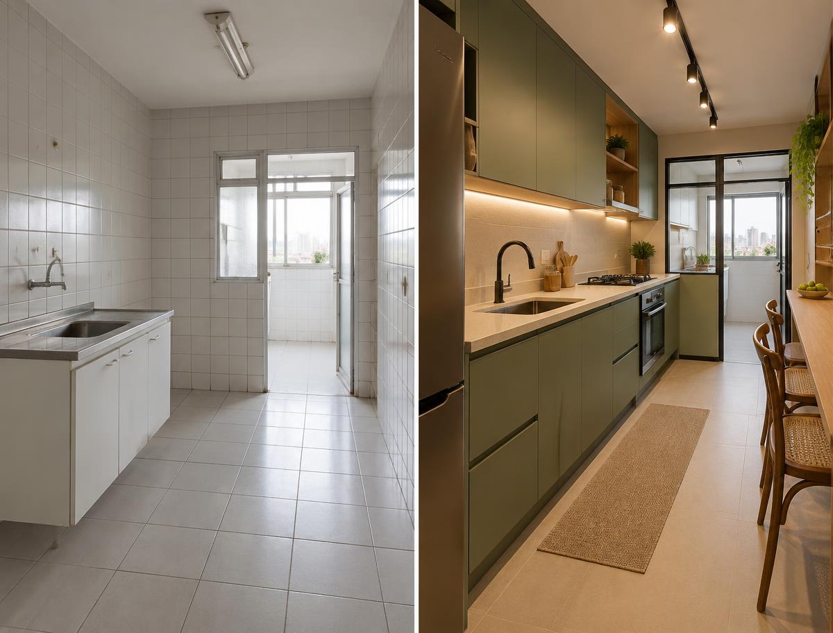 Comparação demonstrativa de cozinha antes, vazia, e depois, com marcenaria verde e iluminação
