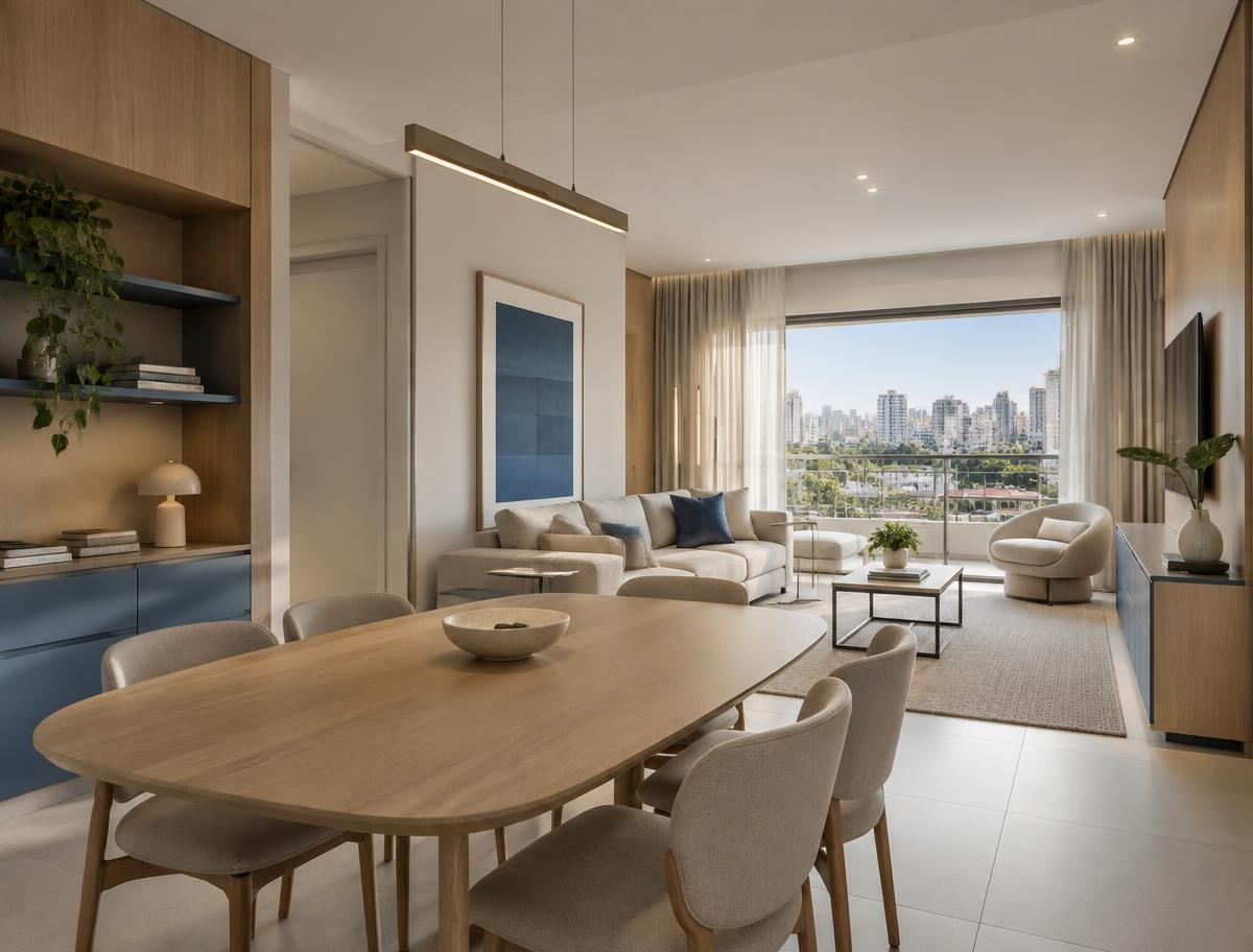 Apartamento integrado: ambiente com layout, marcenaria e iluminação