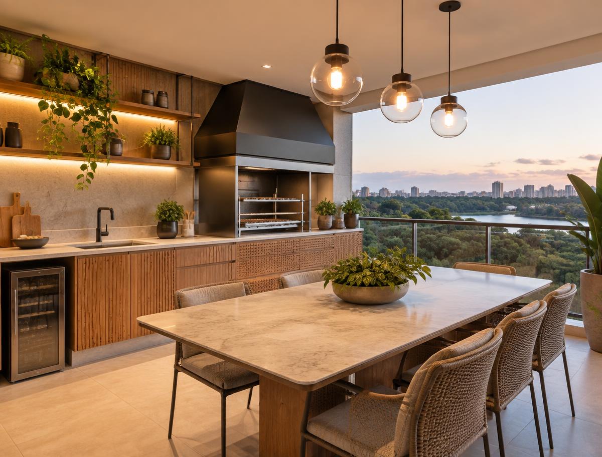 Varanda para receber: ambiente com bancada, equipamentos e luz