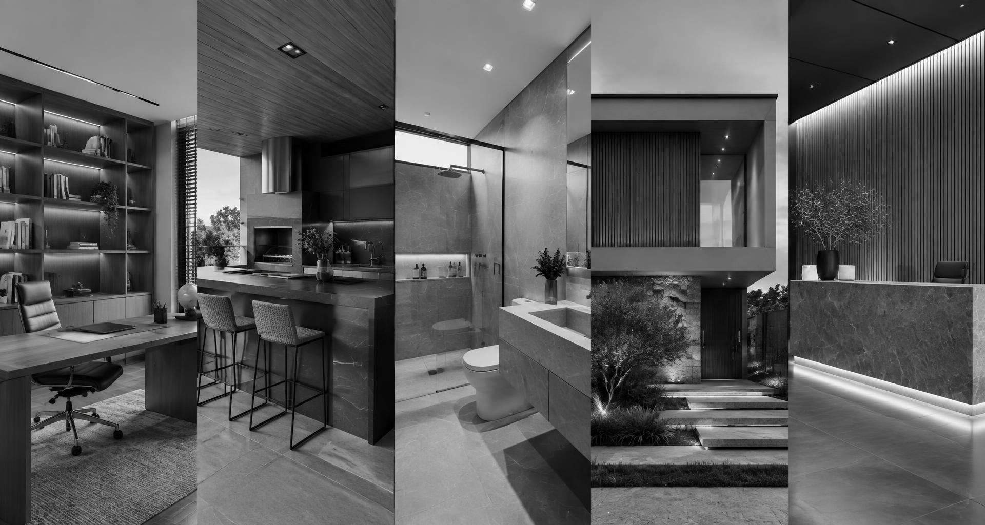 Imagem em preto e branco de home office